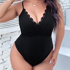 SHEIN plus scalloped trim, cross cross back body suit